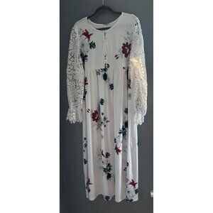 White Floral Maxi Dress XXL Lace Sleeves Cottagecore Coquette Romantic fairy
